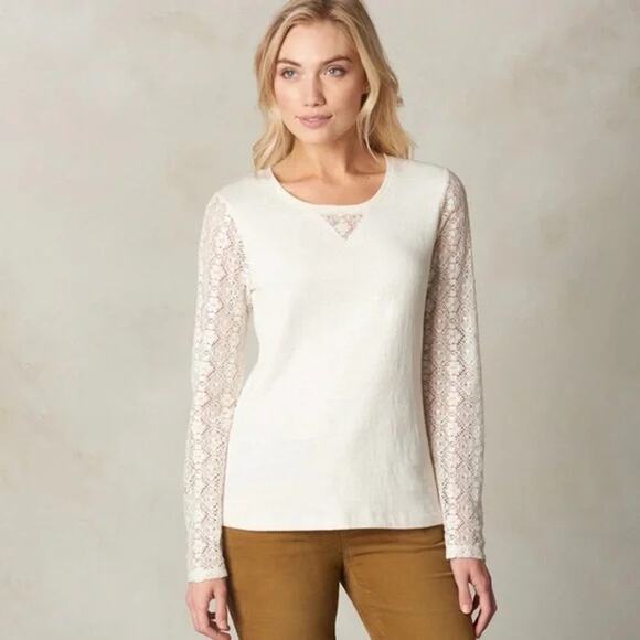 Prana Womens Top Size Small‎ Darla Cream Knit Lace Sleeves Inset Long - Picture 1 of 5